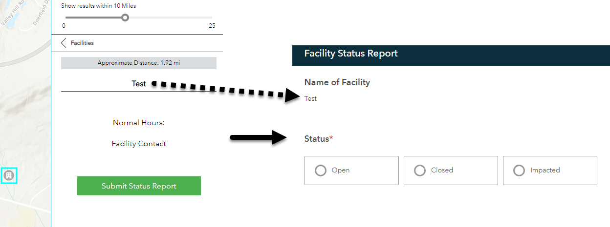 Submitting a facility survey based on the facility selected in the Facility Status Reporter app.